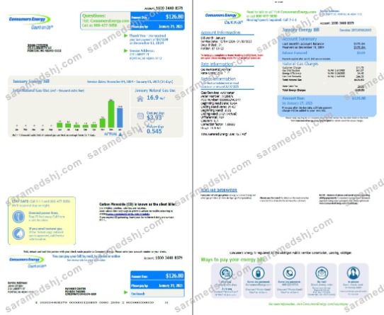 USA Consumers Energy utility bill template in Word and PDF formats, 2 pages, vesion 3
